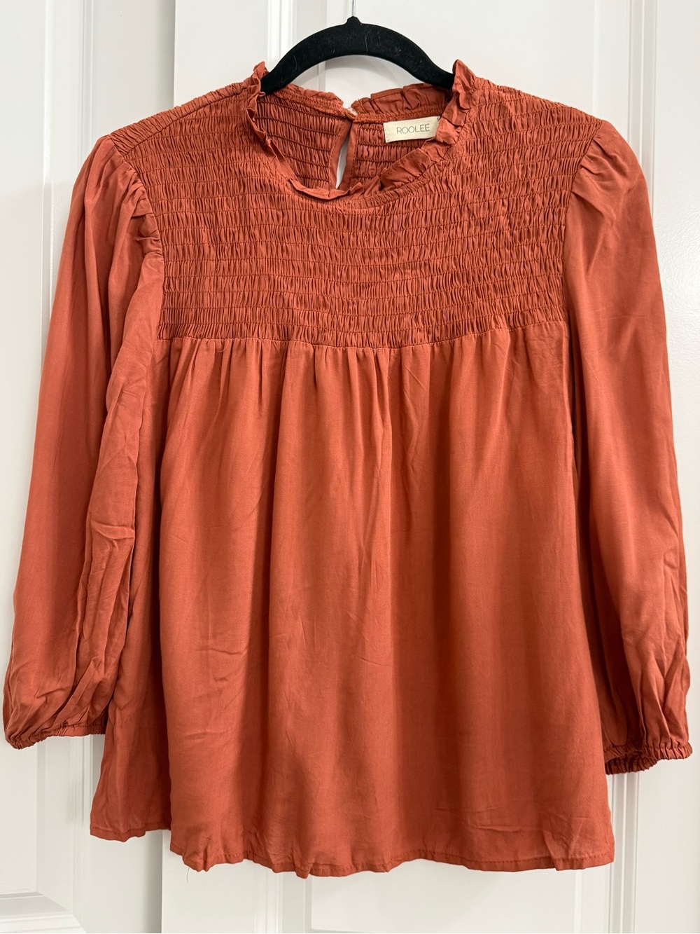 Roolee Rust Smocked Yoke Long Sleeve Blouse Flowy Babydoll Ruffled Collar Fall